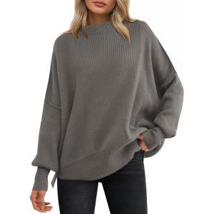 imageANRABESS Women Oversized Sweaters Batwing Long Sleeve 2026 Fall Outfits Crewneck Casual Knit Side Slit Fashion Pullover TopGrey Khaki