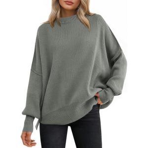 imageANRABESS Women Oversized Sweaters Batwing Long Sleeve 2026 Fall Outfits Crewneck Casual Knit Side Slit Fashion Pullover TopKhaki Green