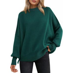 imageANRABESS Women Oversized Sweaters Batwing Long Sleeve 2026 Fall Outfits Crewneck Casual Knit Side Slit Fashion Pullover TopOpal Green