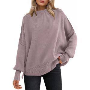 imageANRABESS Women Oversized Sweaters Batwing Long Sleeve 2026 Fall Outfits Crewneck Casual Knit Side Slit Fashion Pullover TopPink Apricot
