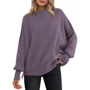 imageANRABESS Women Oversized Sweaters Batwing Long Sleeve 2026 Fall Outfits Crewneck Casual Knit Side Slit Fashion Pullover TopPurple