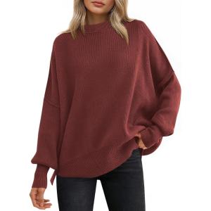 imageANRABESS Women Oversized Sweaters Batwing Long Sleeve 2026 Fall Outfits Crewneck Casual Knit Side Slit Fashion Pullover TopRust
