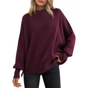 imageANRABESS Women Oversized Sweaters Batwing Long Sleeve 2026 Fall Outfits Crewneck Casual Knit Side Slit Fashion Pullover TopWine Red
