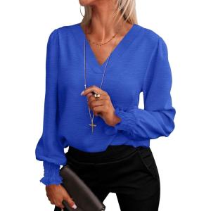 imageANRABESS Womens Business Casual Tops V Neck Puff Long Sleeve Shirts Dressy Office Work Blouse 2026 Fall Outfits ClothesRoyal Blue