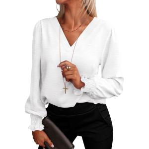 imageANRABESS Womens Business Casual Tops V Neck Puff Long Sleeve Shirts Dressy Office Work Blouse 2026 Fall Outfits ClothesWhite