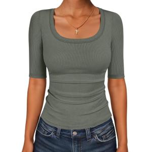 imageANRABESS Womens Half Sleeve Tops Scoop Neck Ribbed Knit Slim Fitted Basic Tee Shirts Summer 2026 Trendy Spring Casual ClothesArmy Green