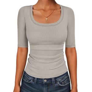 imageANRABESS Womens Half Sleeve Tops Scoop Neck Ribbed Knit Slim Fitted Basic Tee Shirts Summer 2026 Trendy Spring Casual ClothesKhaki