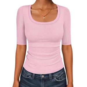imageANRABESS Womens Half Sleeve Tops Scoop Neck Ribbed Knit Slim Fitted Basic Tee Shirts Summer 2026 Trendy Spring Casual ClothesPink