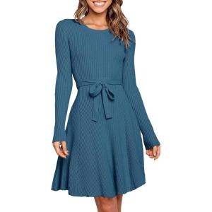 imageANRABESS Womens Long Sleeve Midi Dress Crewneck Tie Waist ALine Swing Casual Bodycon Ribbed Knit 2026 Fall Sweater DressBlue