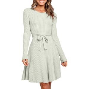 imageANRABESS Womens Long Sleeve Midi Dress Crewneck Tie Waist ALine Swing Casual Bodycon Ribbed Knit 2026 Fall Sweater DressGray