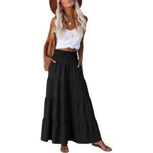 imageANRABESS Womens Maxi Skirt Summer Boho Long Flowy Elastic High Waist ALine Tiered Skirts 2026 Casual Beach Vacation ClothesBlack