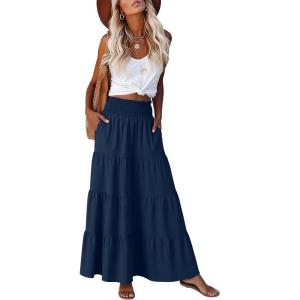 imageANRABESS Womens Maxi Skirt Summer Boho Long Flowy Elastic High Waist ALine Tiered Skirts 2026 Casual Beach Vacation ClothesNavy Blue