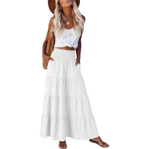 imageANRABESS Womens Maxi Skirt Summer Boho Long Flowy Elastic High Waist ALine Tiered Skirts 2026 Casual Beach Vacation ClothesWhite