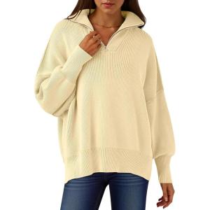 imageANRABESS Womens Oversized Fashion Long Sleeve Quarter Zip Baggy Loose Slouchy Sweater Pullover Tops 2025 Fall OutfitsApricot