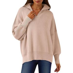 imageANRABESS Womens Oversized Fashion Long Sleeve Quarter Zip Baggy Loose Slouchy Sweater Pullover Tops 2025 Fall OutfitsPink