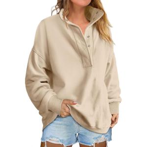 imageANRABESS Womens Oversized Sweatshirt Long Sleeve Henley Pullover Tops 2026 Spring Casual Button Loose Fit Teens OutfitsParchment