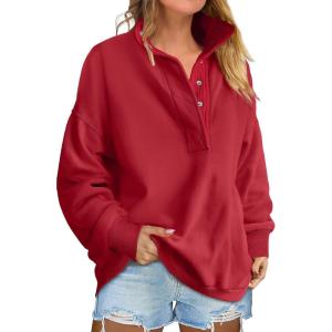 imageANRABESS Womens Oversized Sweatshirt Long Sleeve Henley Pullover Tops 2026 Spring Casual Button Loose Fit Teens OutfitsRed