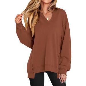 imageANRABESS Womens Oversized Sweatshirts Long Sleeve Tunic Shirts V Neck Loose Pullover Tops 2026 Spring Teen Girls OutfitCaramel Brown