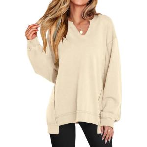 imageANRABESS Womens Oversized Sweatshirts Long Sleeve Tunic Shirts V Neck Loose Pullover Tops 2026 Spring Teen Girls OutfitKhaki