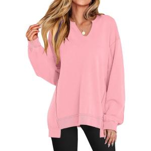 imageANRABESS Womens Oversized Sweatshirts Long Sleeve Tunic Shirts V Neck Loose Pullover Tops 2026 Spring Teen Girls OutfitPink