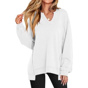 imageANRABESS Womens Oversized Sweatshirts Long Sleeve Tunic Shirts V Neck Loose Pullover Tops 2026 Spring Teen Girls OutfitWhite