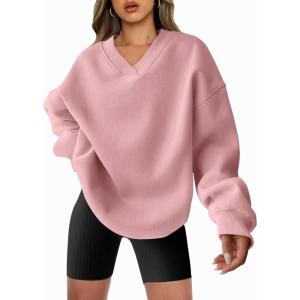 imageANRABESS Womens Oversized V Neck Sweatshirt Fleece Long Sleeve Hoodies Pullover Comfy Top 2026 Outfits Teen Preppy Clothes Light Pink XLarge