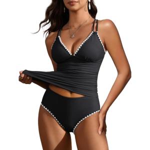 imageANRABESS Womens Tankini Set Two Piece Swimsuit Tummy Control V Neck Top Bathing Suit High Waisted Color Block Swimwear 2026Black