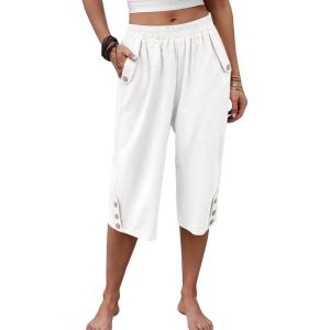 imageANRABESS Womens Wide Leg Capri Pants Elastic Waist Casual Loose Lounge Trousers 2026 Summer Flowy Beach Vacation ClothesWhite