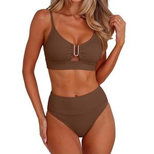 imageANRABESS Bikini Sets for Women Summer High Waisted 2 Piece Bathing Suit Ribbed UWire Cutout Swimsuit Beach Vacation 2026Brown