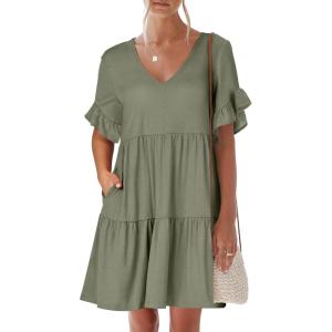 imageANRABESS Dresses for Women Summer 2026 V Neck Ruffle Sleeve A Line Tiered Flowy Casual Trendy Mini Beach Dress with PocketsArmy Green