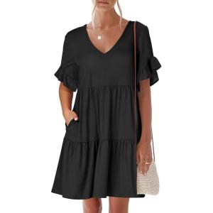 imageANRABESS Dresses for Women Summer 2026 V Neck Ruffle Sleeve A Line Tiered Flowy Casual Trendy Mini Beach Dress with PocketsBlack