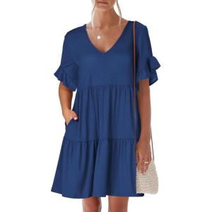 imageANRABESS Dresses for Women Summer 2026 V Neck Ruffle Sleeve A Line Tiered Flowy Casual Trendy Mini Beach Dress with PocketsBlue