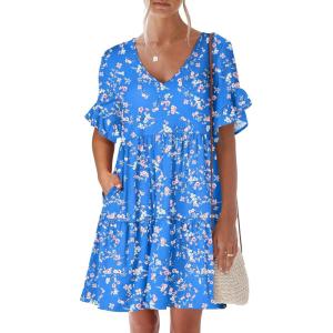 imageANRABESS Dresses for Women Summer 2026 V Neck Ruffle Sleeve A Line Tiered Flowy Casual Trendy Mini Beach Dress with PocketsBlue Pink Floral
