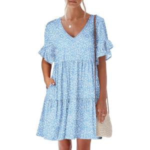 imageANRABESS Dresses for Women Summer 2026 V Neck Ruffle Sleeve A Line Tiered Flowy Casual Trendy Mini Beach Dress with PocketsBlue White Floral
