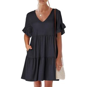imageANRABESS Dresses for Women Summer 2026 V Neck Ruffle Sleeve A Line Tiered Flowy Casual Trendy Mini Beach Dress with PocketsDeep Navy Blue