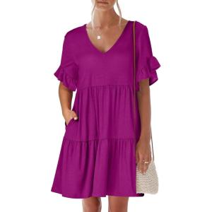 imageANRABESS Dresses for Women Summer 2026 V Neck Ruffle Sleeve A Line Tiered Flowy Casual Trendy Mini Beach Dress with PocketsFuchsia