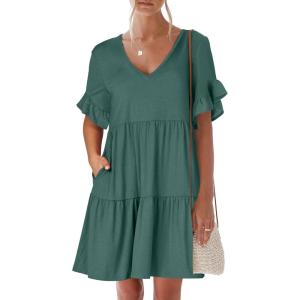 imageANRABESS Dresses for Women Summer 2026 V Neck Ruffle Sleeve A Line Tiered Flowy Casual Trendy Mini Beach Dress with PocketsGreen