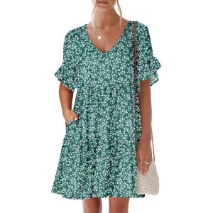 imageANRABESS Dresses for Women Summer 2026 V Neck Ruffle Sleeve A Line Tiered Flowy Casual Trendy Mini Beach Dress with PocketsGreen Blue Floral