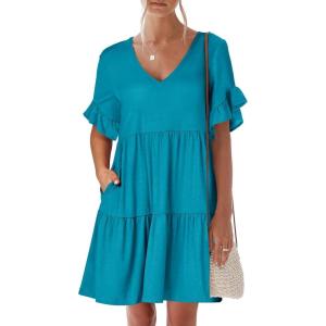 imageANRABESS Dresses for Women Summer 2026 V Neck Ruffle Sleeve A Line Tiered Flowy Casual Trendy Mini Beach Dress with PocketsLake Blue