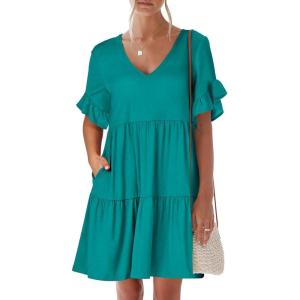 imageANRABESS Dresses for Women Summer 2026 V Neck Ruffle Sleeve A Line Tiered Flowy Casual Trendy Mini Beach Dress with PocketsLake Green