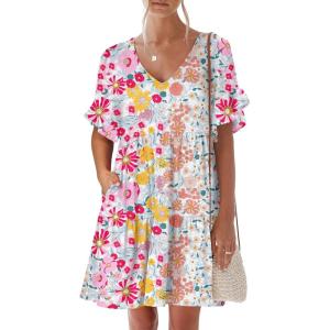 imageANRABESS Dresses for Women Summer 2026 V Neck Ruffle Sleeve A Line Tiered Flowy Casual Trendy Mini Beach Dress with PocketsMulticolour Floral