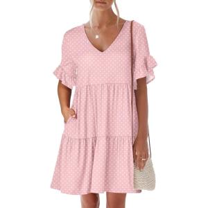 imageANRABESS Dresses for Women Summer 2026 V Neck Ruffle Sleeve A Line Tiered Flowy Casual Trendy Mini Beach Dress with PocketsPink Round Dot