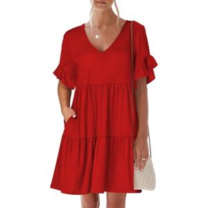 imageANRABESS Dresses for Women Summer 2026 V Neck Ruffle Sleeve A Line Tiered Flowy Casual Trendy Mini Beach Dress with PocketsRed