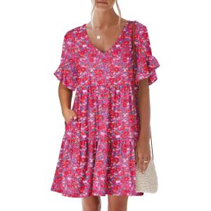 imageANRABESS Dresses for Women Summer 2026 V Neck Ruffle Sleeve A Line Tiered Flowy Casual Trendy Mini Beach Dress with PocketsRed Floral