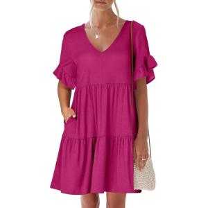 imageANRABESS Dresses for Women Summer 2026 V Neck Ruffle Sleeve A Line Tiered Flowy Casual Trendy Mini Beach Dress with PocketsRose