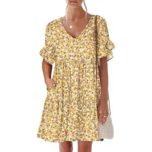 imageANRABESS Dresses for Women Summer 2026 V Neck Ruffle Sleeve A Line Tiered Flowy Casual Trendy Mini Beach Dress with PocketsYellow Red White Floral