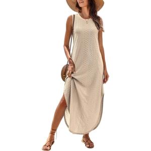 imageANRABESS Women Maxi Dress Summer Casual Loose Sleeveless Sundress Coverup Beach Eyelet Dresses 2026 Vacation Travel OutfitsKhaki