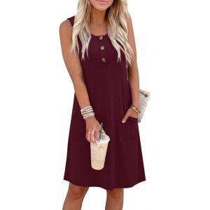 imageANRABESS Women Summer Dresses 2026 Casual Sleeveless Button Down Mini Sundress Beach Loose Tank Dress Coverup with PocketsBurgundy