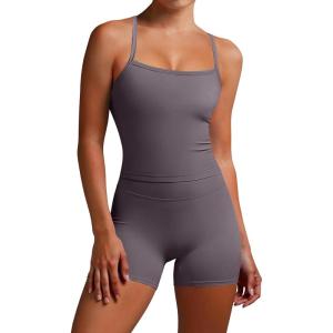 imageANRABESS Women Workout Sets Build in Bra 2 Piece Outfits Tank Tops Tummy Control Shorts Yoga Gym Active Wear Clothing SetDark Grey