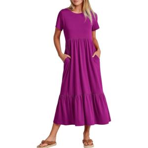imageANRABESS Womens 2026 Summer Casual Maxi Dress A line Tiered Flowy Short Sleeve Crewneck T Shirt Beach Travel Long DressesFuchsia